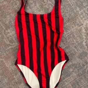 SOLID & STRIPED Red and Navy Vertical Stripe Kids One-Piece Swimsuit